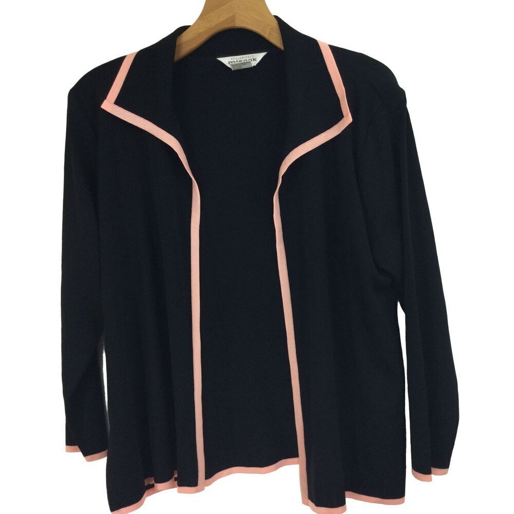 Exclusively Misook Trim Open Long Sleeve Cardigan Black Pink Petite Plus 2P